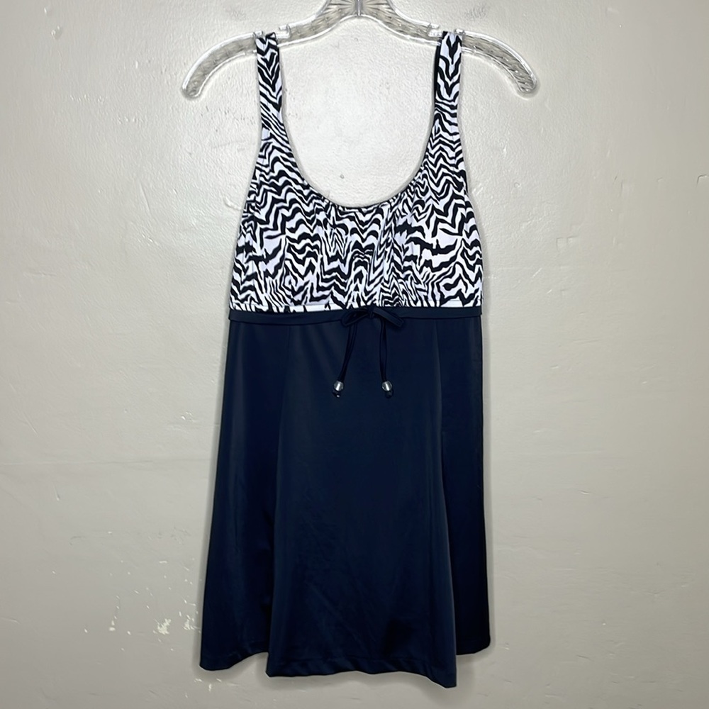 MAXINE One Piece Swimsuit Black & White Dress Overlay Modest Scoop Neck 14